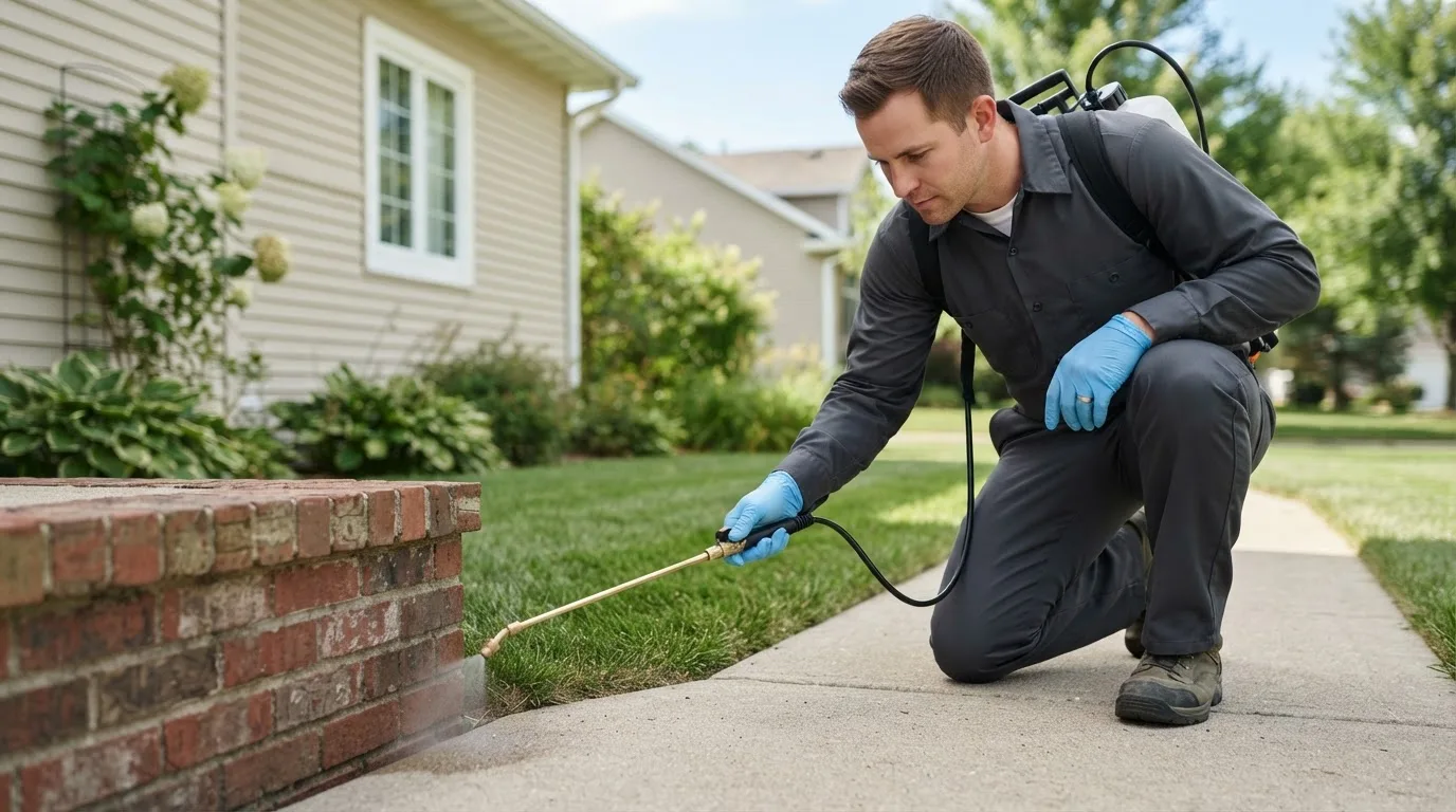 Pest control technician treating a home near Ovalo, TX