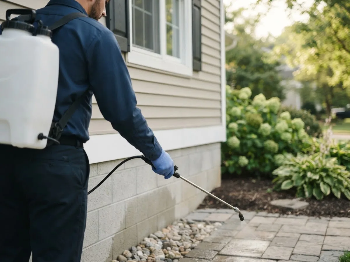 Pest control technician inspecting a home in Ovalo, TX